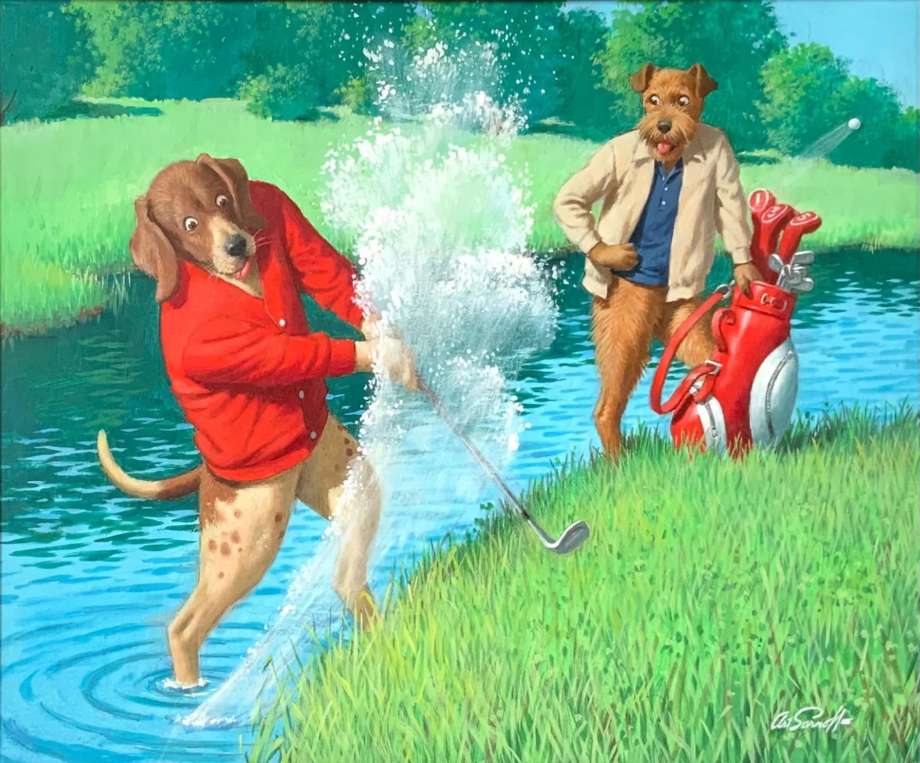 {{ product_title }} Fine Art Print | {{ product_vendor }} Jakero77 Arthur Saron Sarnoff - Dogs Golfing 1960s Signed - 17" x 22" Fine Art Print Art Print  Jakero77