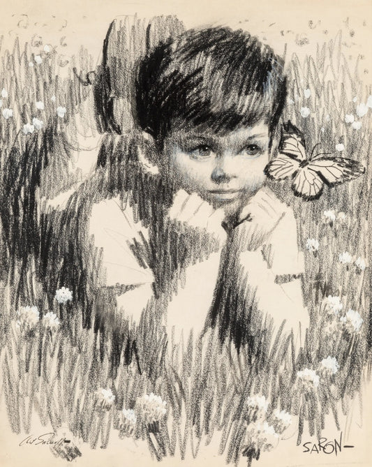 {{ product_title }} Fine Art Print | {{ product_vendor }} Jakero77 Arthur Saron Sarnoff - Little Boy in the Grass with Butterfly Signed - 17" x 22" Fine Art Print Art Print  Jakero77