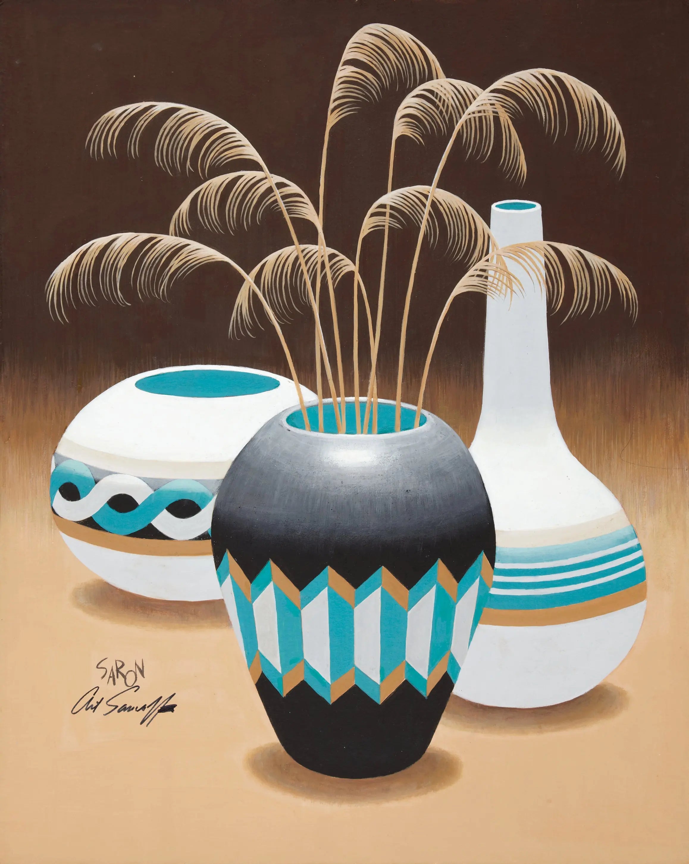 {{ product_title }} Fine Art Print | {{ product_vendor }} Jakero77 Arthur Saron Sarnoff - Three Flower Vases Feathers 1960s Signed - 17" x 22" Print Art Print  Jakero77
