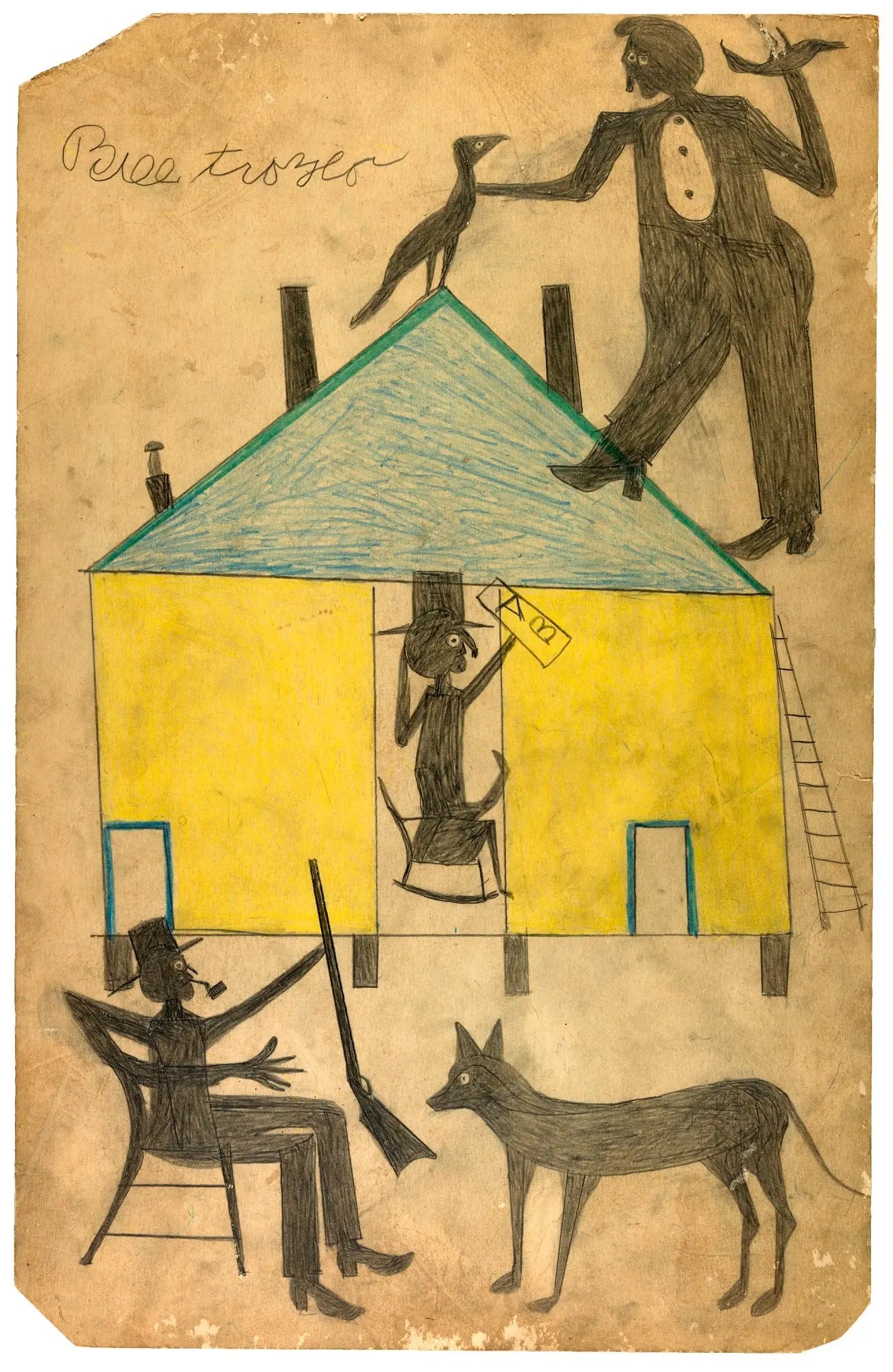 {{ product_title }} Fine Art Print | {{ product_vendor }} Jakero77 Bill Traylor - Yellow and Blue House with Figures and Dog - 17" x 22" Art Print Art Print  Jakero77