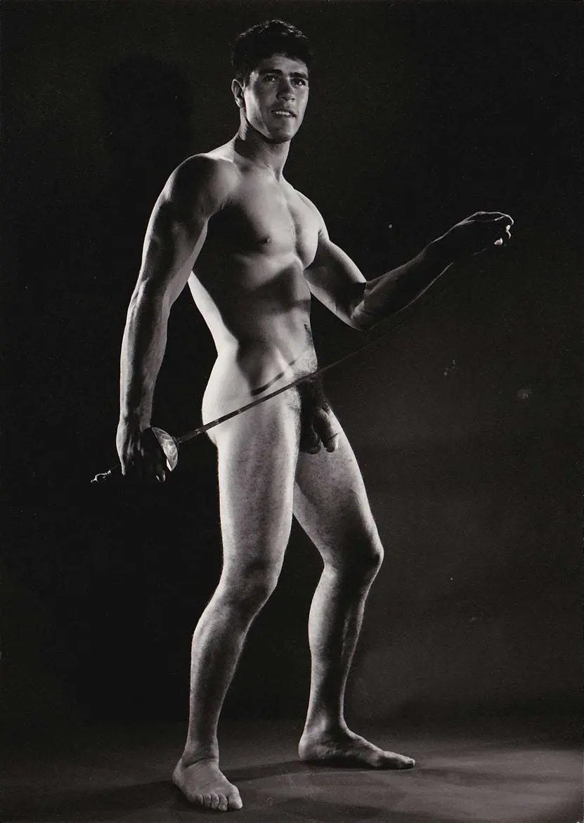 {{ product_title }} Fine Art Print | {{ product_vendor }} Jakero77 Bruce Bellas Vintage Homoerotic Nude Posed with Fencing Sword Dark Gay Interest - 17" x 22" Art Print - 2060 Art Print  Jakero77