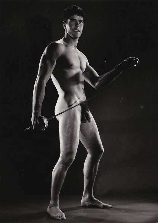 {{ product_title }} Fine Art Print | {{ product_vendor }} Jakero77 Bruce Bellas Vintage Homoerotic Nude Posed with Fencing Sword Dark Gay Interest - 17" x 22" Art Print - 2060 Art Print  Jakero77