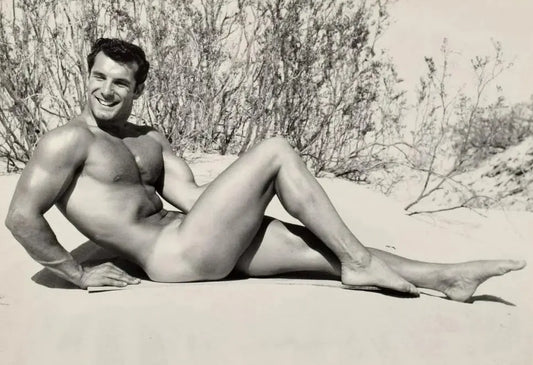 {{ product_title }} Fine Art Print | {{ product_vendor }} Jakero77 Bruce Bellas - Vintage John Wiedemann Nude Sitting in Sand Gay Interest - 17"x22" Fine Art Print Art Print  Jakero77