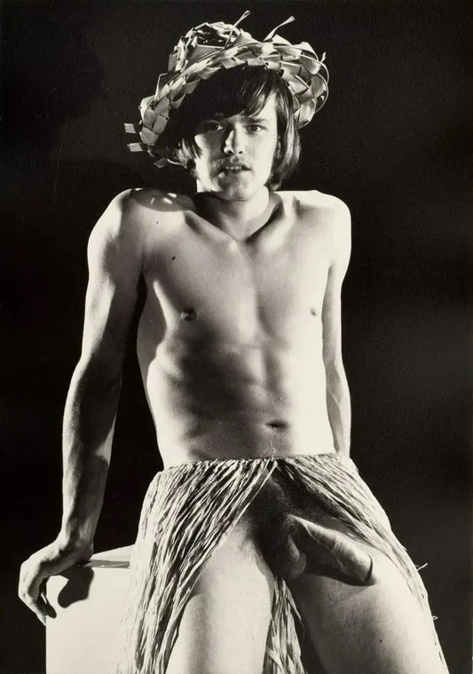 {{ product_title }} Fine Art Print | {{ product_vendor }} Jakero77 Bruce Bellas Vintage Nude Male Grass Skirt Opened Gay - 17" x 22" Fine Art Print - 1759 Art Print  Jakero77