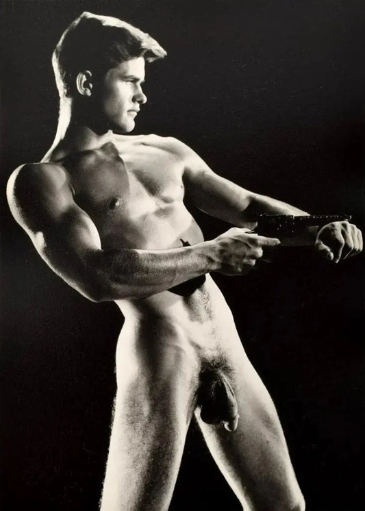 {{ product_title }} Fine Art Print | {{ product_vendor }} Jakero77 Bruce Bellas Vintage Nude Male Posed with Gun Gay Interest - 17" x 22" Art Print - 1855 Art Print  Jakero77
