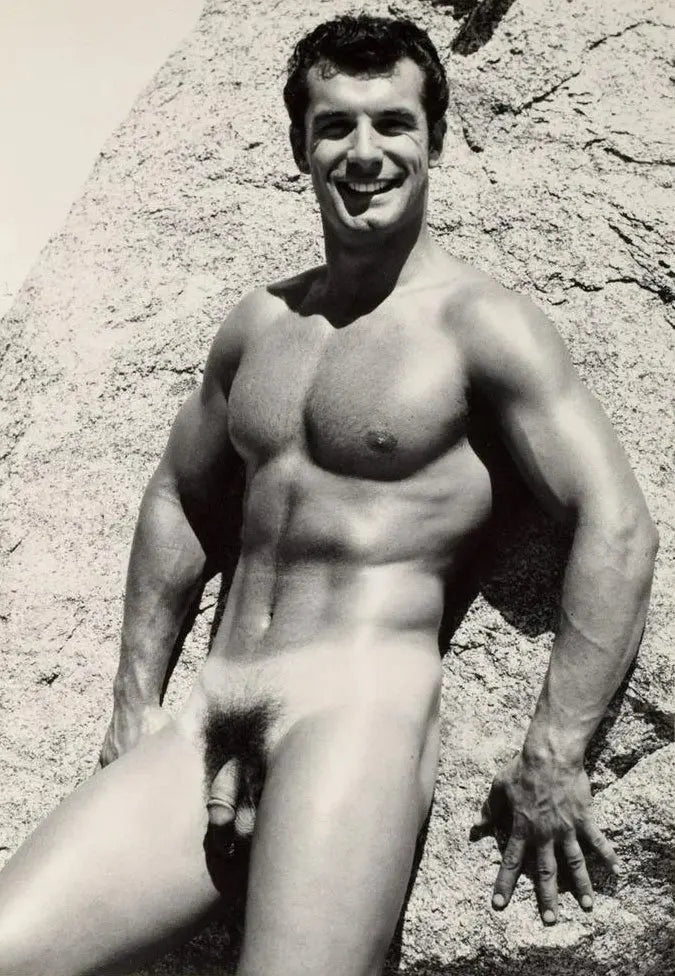 {{ product_title }} Fine Art Print | {{ product_vendor }} Jakero77 Bruce Bellas Vintage Nude Male Smiling Leaning on Rock - 17" x 22" Fine Art Print - 1718 Art Print  Jakero77