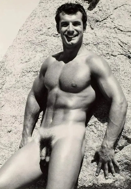 {{ product_title }} Fine Art Print | {{ product_vendor }} Jakero77 Bruce Bellas Vintage Nude Male Smiling Leaning on Rock - 17" x 22" Fine Art Print - 1718 Art Print  Jakero77