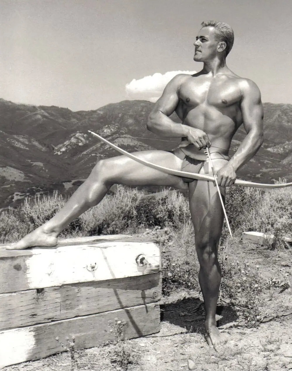 {{ product_title }} Fine Art Print | {{ product_vendor }} Jakero77 Bruce Bellas of LA 1960s Nude Male Outside Mountains Bow Arrow Gay - 17"x22" Print - 2122 Art Print  Jakero77