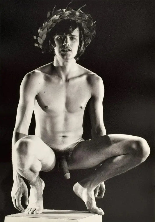 {{ product_title }} Fine Art Print | {{ product_vendor }} Jakero77 Bruce Bellas of LA Nude Male Crouched on Cube Gay Interest - 17" x 22" Art Print - 1756 Art Print  Jakero77