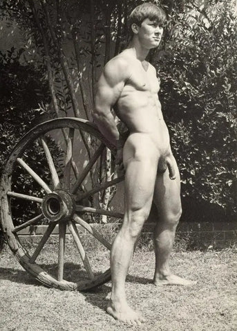 {{ product_title }} Fine Art Print | {{ product_vendor }} Jakero77 Bruce Bellas of LA Nude Male Homoerotic w/ Wagon Wheel - 17" x 22" Fine Art Print -1707 Art Print  Jakero77
