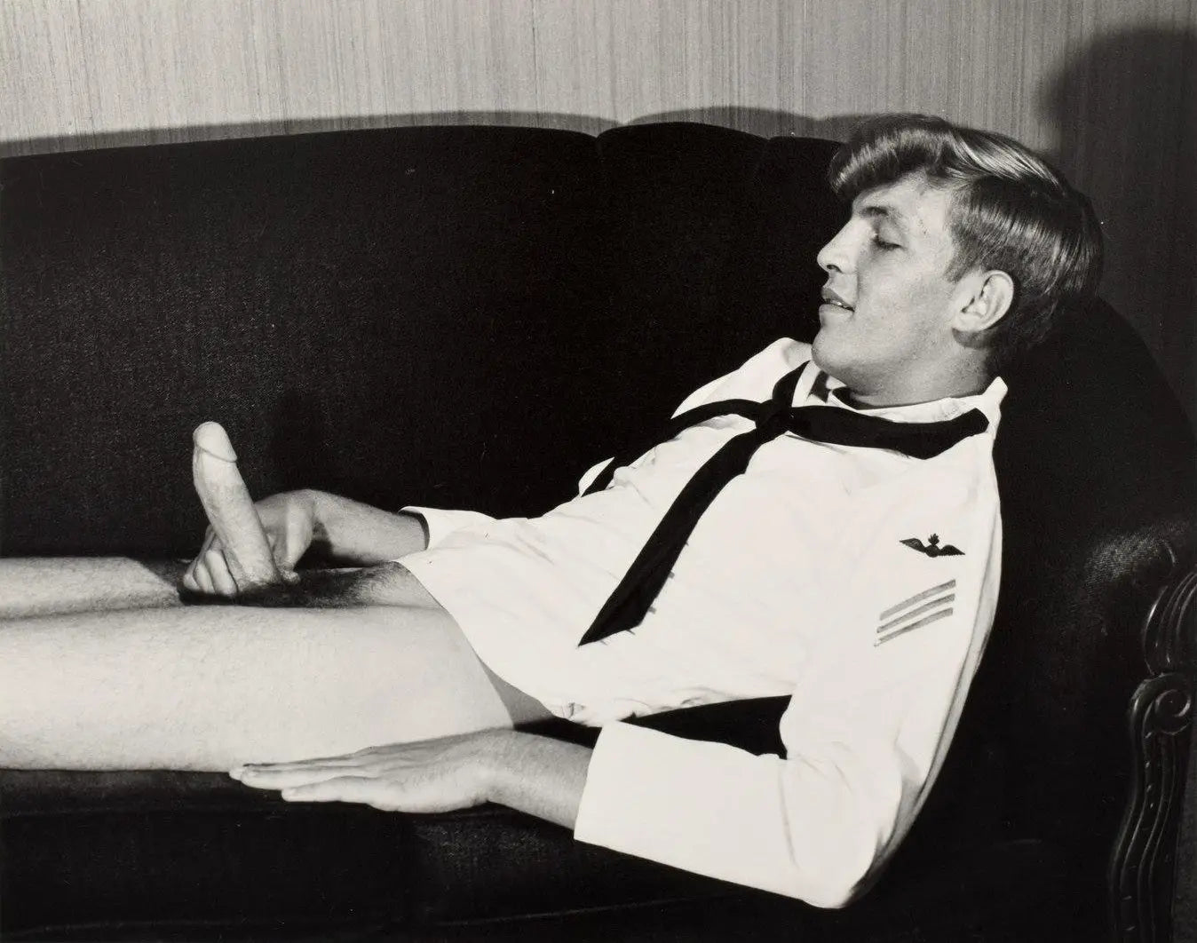 {{ product_title }} Fine Art Print | {{ product_vendor }} Jakero77 Bruce Bellas of LA Vintage Homoerotic Nude Sailor Laying on Couch Masturbating Erection 1960s Taboo Gay Interest - 17" x 22" Art Print - 2079 Art Print  Jakero77