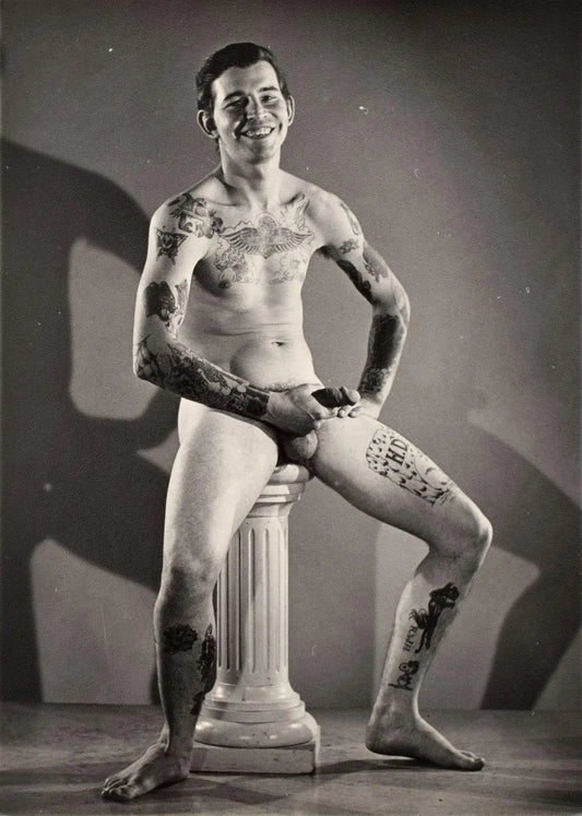 {{ product_title }} Fine Art Print | {{ product_vendor }} Jakero77 Bruce Bellas of LA Vintage Homoerotic Nude Tattooed Sailor Sitting 1960s Gay Interest - 17" x 22" Art Print - 2081 Art Print  Jakero77