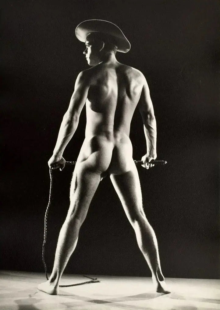 {{ product_title }} Fine Art Print | {{ product_vendor }} Jakero77 Bruce Bellas of LA - Vintage Kirk Bond Nude Cowboy Butt with Whip Gay - 17" x 22" Fine Art Print Art Print  Jakero77