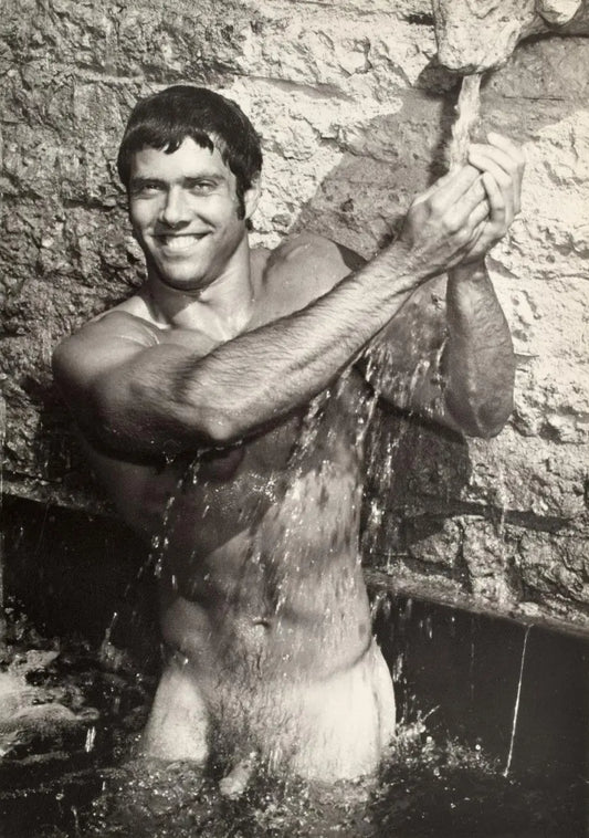 {{ product_title }} Fine Art Print | {{ product_vendor }} Jakero77 Bruce of LA 1960s Drew Burton Nude in Fountain Smiling Homoerotic Vintage Gay Interest - 17" x 22" Fine Art Print - 2247 Art Print  Jakero77