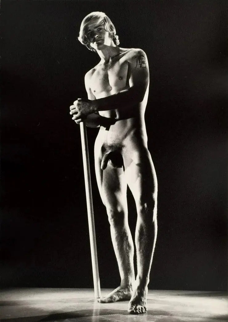 {{ product_title }} Fine Art Print | {{ product_vendor }} Jakero77 Bruce of LA 1960s Nude Male Tattoo Standing w/ Pole Gay - 17"x22" Fine Art Print - 1769 Art Print  Jakero77