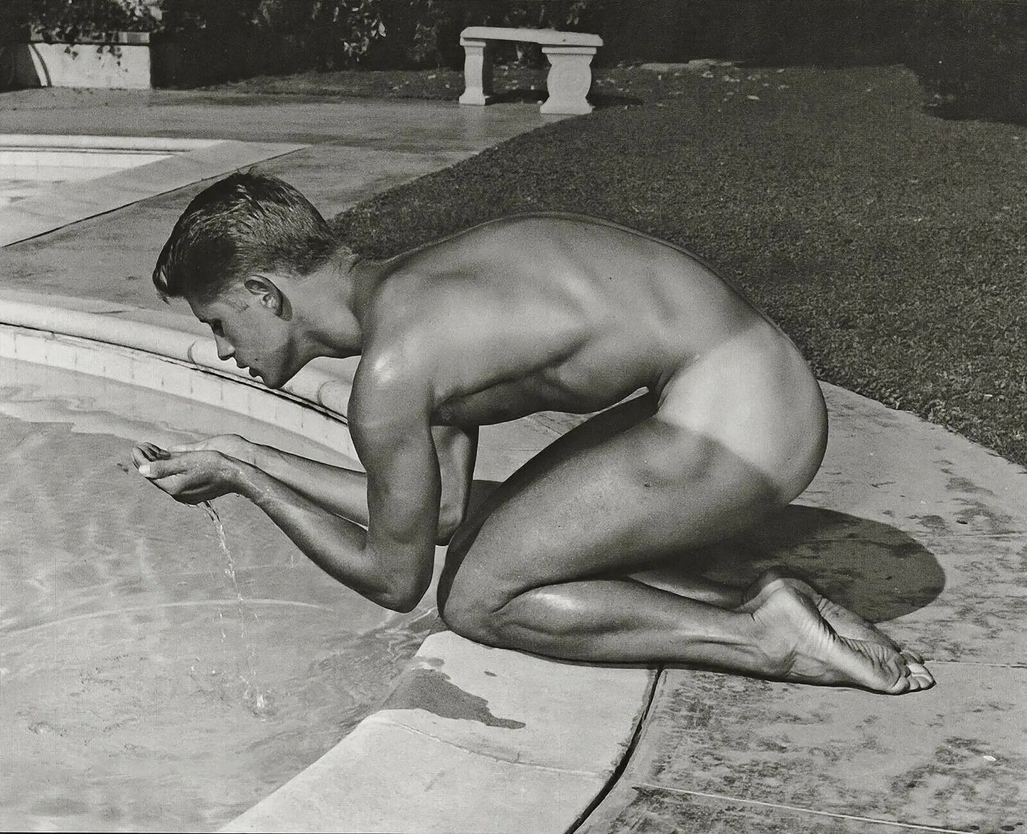 {{ product_title }} Fine Art Print | {{ product_vendor }} Jakero77 Bruce of LA - Mark Nixon Nude Kneeling by Pool Gay 60s - 17" x 22" Fine Art Print Art Print  Jakero77