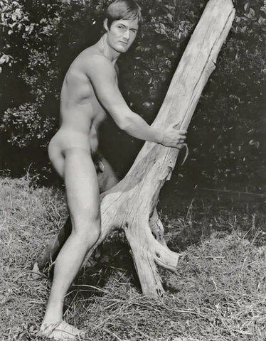 {{ product_title }} Fine Art Print | {{ product_vendor }} Jakero77 Bruce of LA - Mike Norlan Nude Standing with Log 1968 Homoerotic - 17" x 22" Fine Art Print Art Print  Jakero77