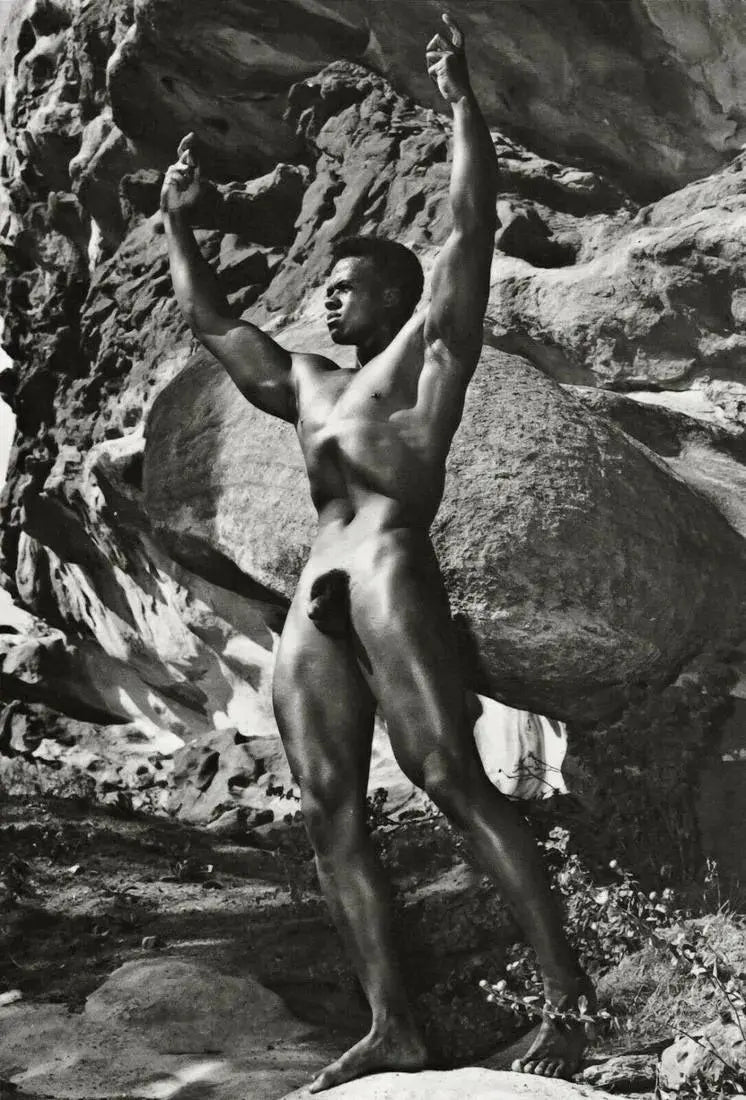 {{ product_title }} Fine Art Print | {{ product_vendor }} Jakero77 Bruce of LA - Nude Black Male Muscle Power Pose Outdoors Beefcake Stud 1950s Gay Interest - 17" x 22" Fine Art Print Art Print  Jakero77
