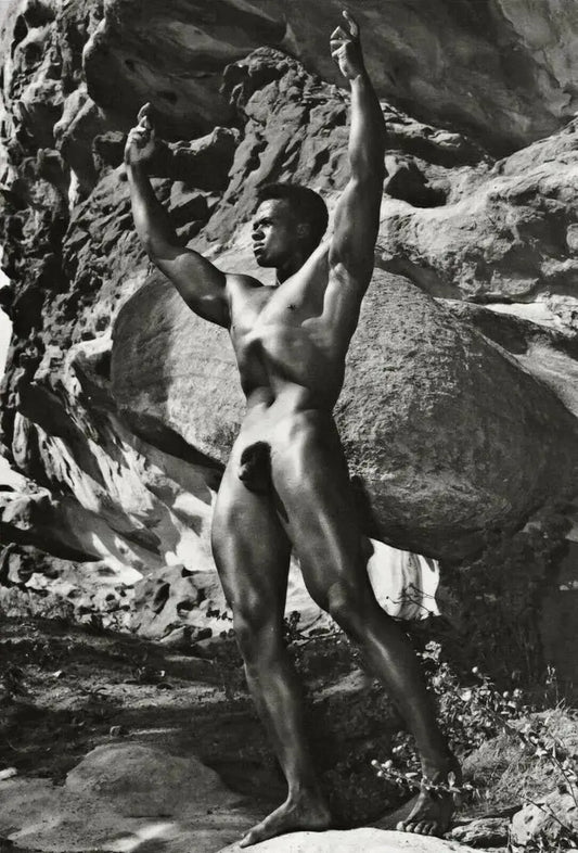 {{ product_title }} Fine Art Print | {{ product_vendor }} Jakero77 Bruce of LA - Nude Black Male Muscle Power Pose Outdoors Beefcake Stud 1950s Gay Interest - 17" x 22" Fine Art Print Art Print  Jakero77