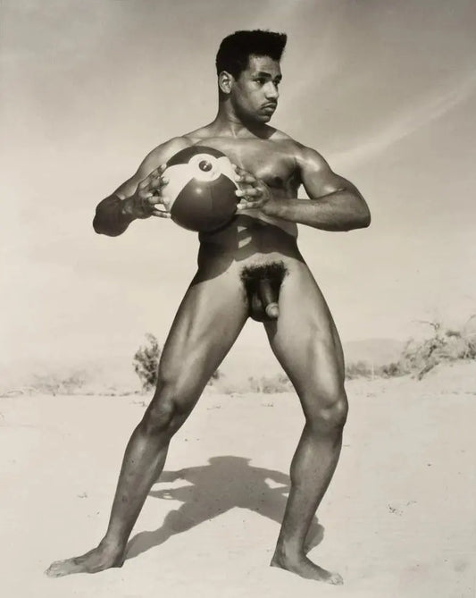 {{ product_title }} Fine Art Print | {{ product_vendor }} Jakero77 Bruce of LA Nude Black Male Sand & Beachball Vintage Gay - 17"x22" Fine Art Print - 1828 Art Print  Jakero77