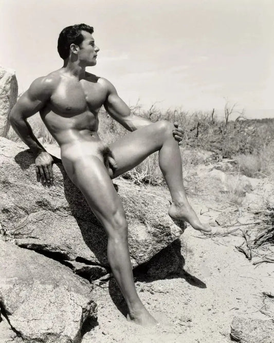 {{ product_title }} Fine Art Print | {{ product_vendor }} Jakero77 Bruce of LA Nude John Wiedemann Posing on Rock in Desert Gay Interest - 17" x 22" Art Print - 1809 Art Print  Jakero77