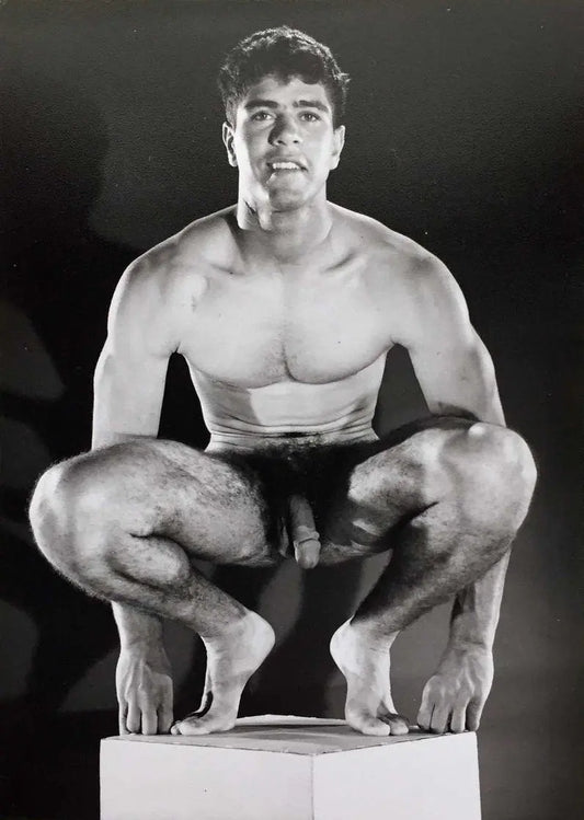 {{ product_title }} Fine Art Print | {{ product_vendor }} Jakero77 Bruce of LA Vintage Homoerotic Model Kneeling Nude on Podium Gay Interest - 17" x 22" Art Print - 2058 Art Print  Jakero77