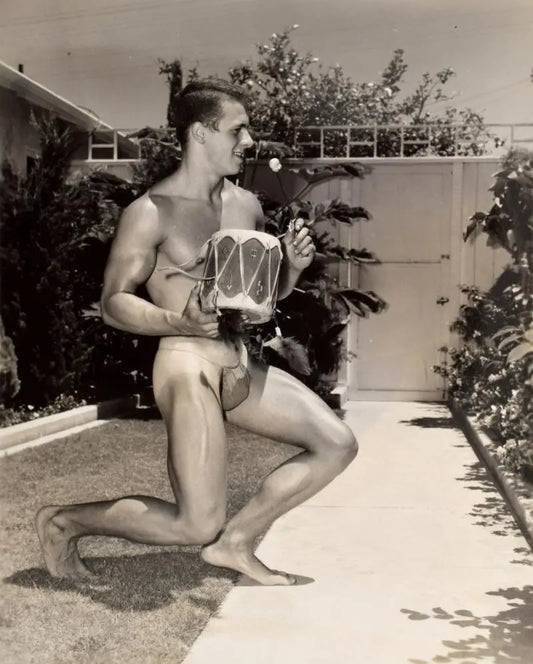 {{ product_title }} Fine Art Print | {{ product_vendor }} Jakero77 Bruce of LA Vintage Nude Guy Drum Outside Gay Interest - 17" x 22" Fine Art Print - 2022 Art Print  Jakero77