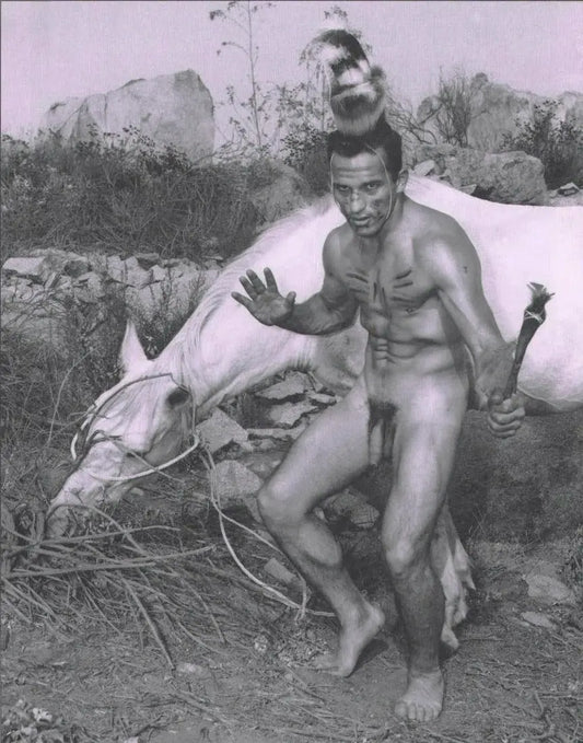 {{ product_title }} Fine Art Print | {{ product_vendor }} Jakero77 Bruce of LA - Vintage Nude Male in Native American Indian Paint with Horse Gay 1950s Homoerotic - 17" x 22" Fine Art Print Art Print  Jakero77