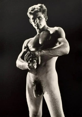 {{ product_title }} Fine Art Print | {{ product_vendor }} Jakero77 Bruce of Los Angeles Handsome Nude Male Aiming Gun Gay - 17" x 22" Fine Art Print - 1852 Art Print  Jakero77