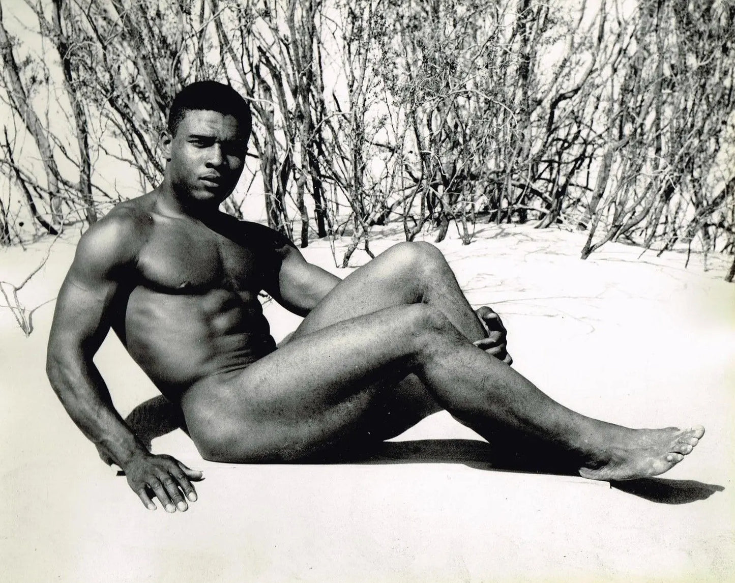 {{ product_title }} Fine Art Print | {{ product_vendor }} Jakero77 Bruce of Los Angeles Vintage Gay Black Male Nude in Sand Abs - 17"x22" Art Print - 2007 Art Print  Jakero77