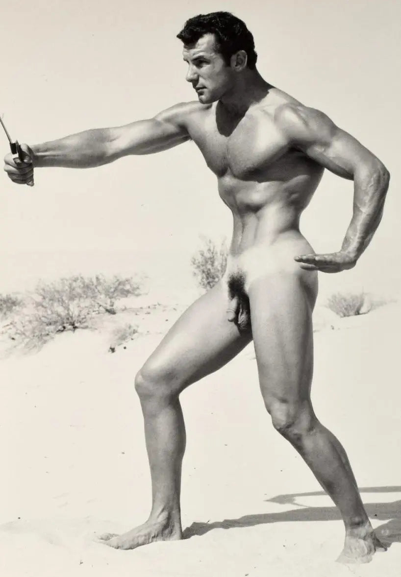 {{ product_title }} Fine Art Print | {{ product_vendor }} Jakero77 Bruce of Los Angeles Vintage Gay Interest John Weidemann Nude Action Shot with Knife in Desert Homoerotic - 17" x 22" Art Print - 2065 Art Print  Jakero77