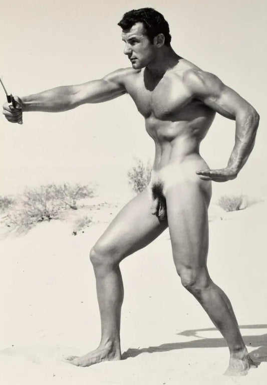 {{ product_title }} Fine Art Print | {{ product_vendor }} Jakero77 Bruce of Los Angeles Vintage Gay Interest John Weidemann Nude Action Shot with Knife in Desert Homoerotic - 17" x 22" Art Print - 2065 Art Print  Jakero77