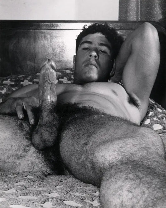 {{ product_title }} Fine Art Print | {{ product_vendor }} Jakero77 Bruce of Los Angeles Vintage Gay Interest Nude Male on Bed Hard Cock Aroused Hairy Homoerotic - 17" x 22" Art Print - 2050 Art Print  Jakero77