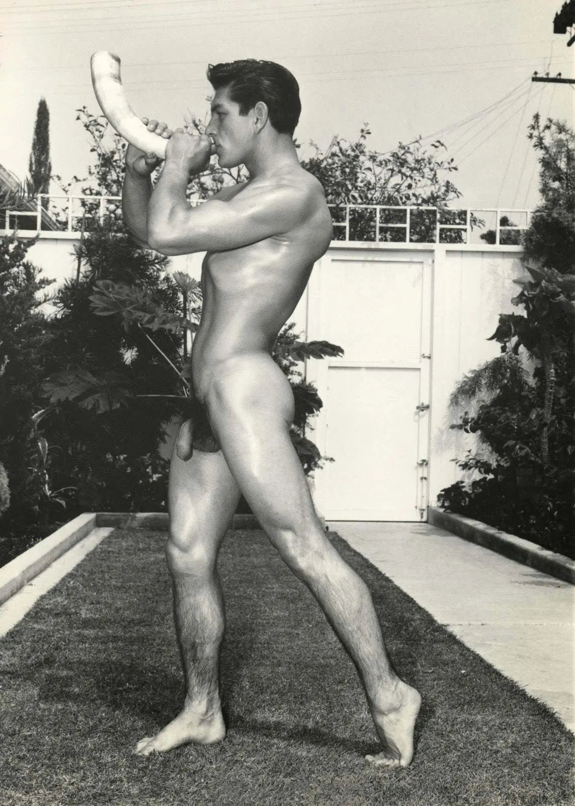 {{ product_title }} Fine Art Print | {{ product_vendor }} Jakero77 Bruce of Los Angeles Vintage Nude Male Blowing Horn Backyard Gay Interest Homoerotic - 17" x 22" Fine Art Print - 2114 Art Print  Jakero77