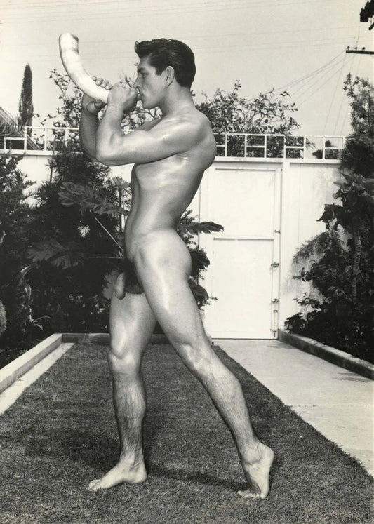 {{ product_title }} Fine Art Print | {{ product_vendor }} Jakero77 Bruce of Los Angeles Vintage Nude Male Blowing Horn Backyard Gay Interest Homoerotic - 17" x 22" Fine Art Print - 2114 Art Print  Jakero77