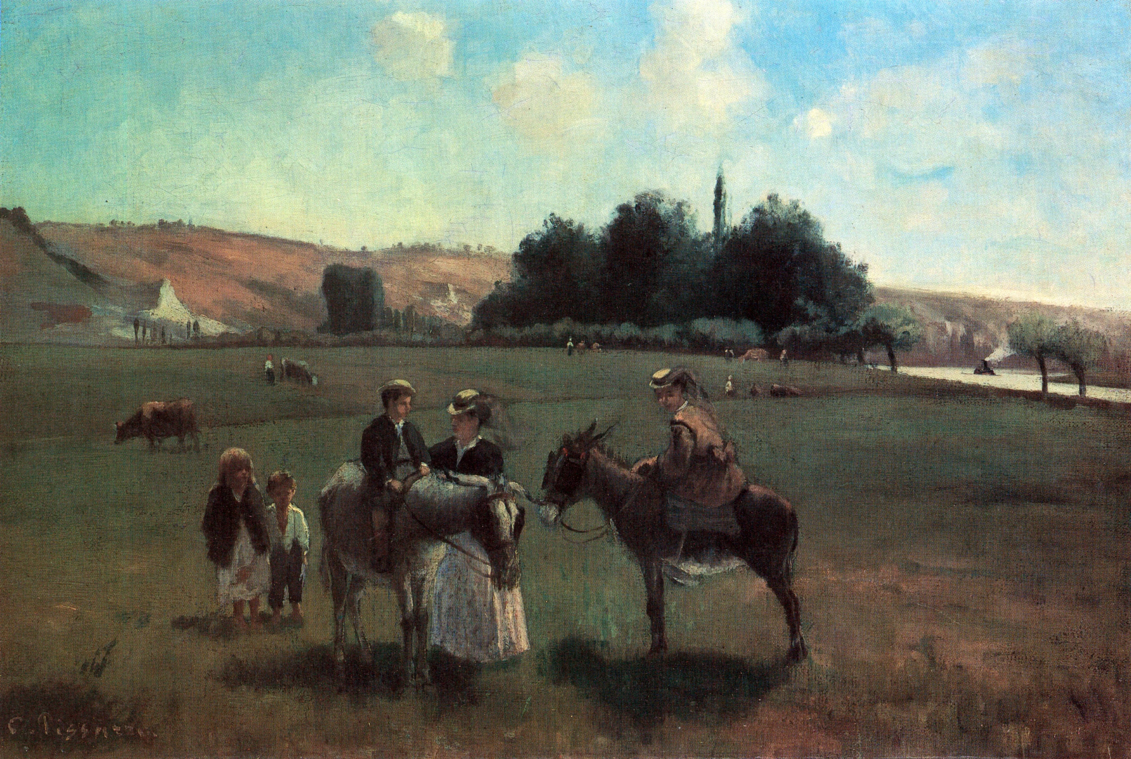 {{ product_title }} Fine Art Print | {{ product_vendor }} Jakero77 Camille Pissarro - Donkey Ride at La Roche Guyon (1865) Signed - 17"x22" Art Print Art Print  Jakero77