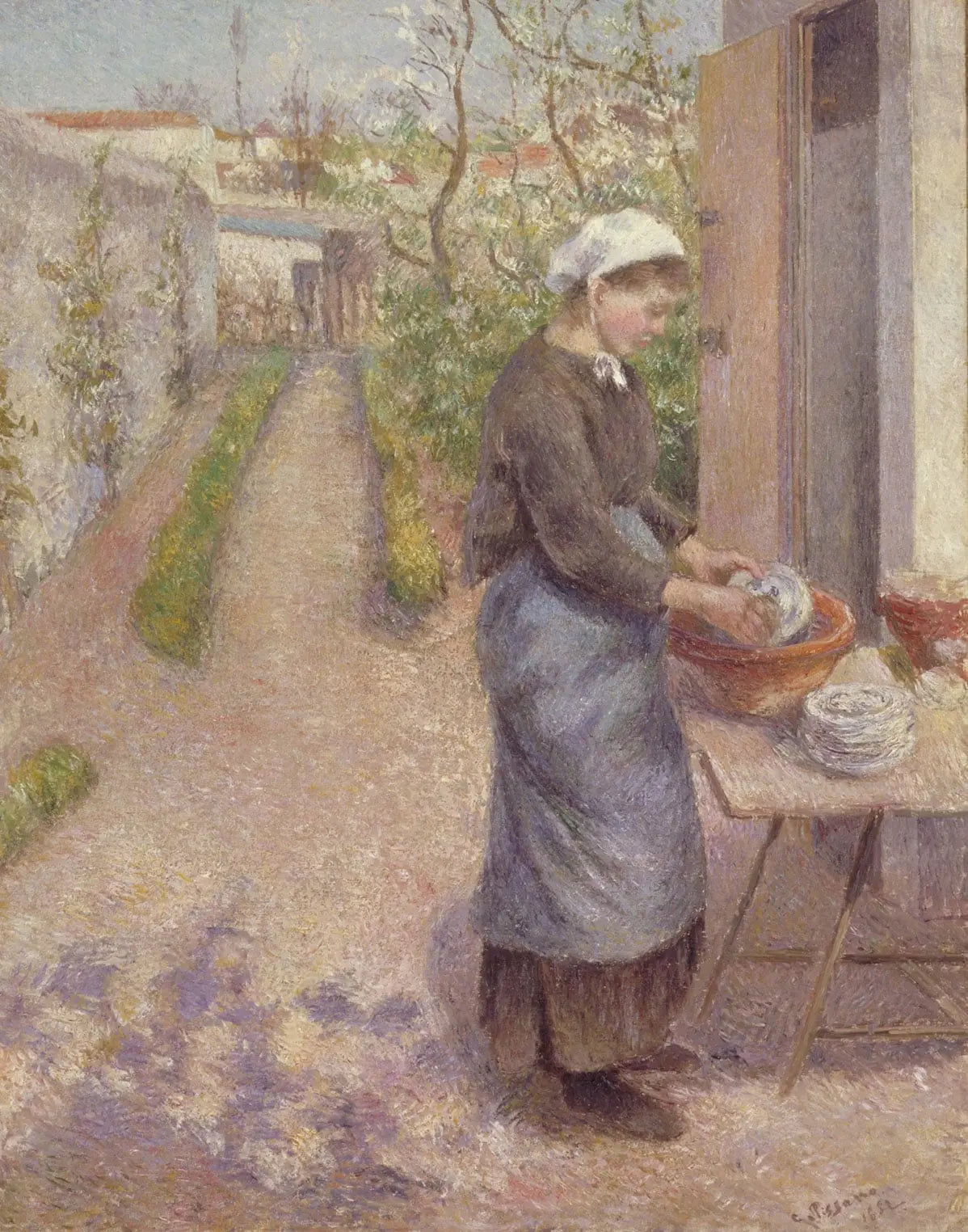 {{ product_title }} Fine Art Print | {{ product_vendor }} Jakero77 Camille Pissarro - Garden Pontoise Young Woman Washing Dishes (1882) Signed - 17"x22" Fine Art Print Art Print  Jakero77