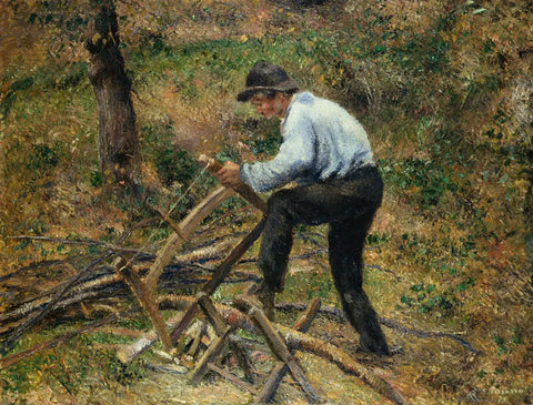 {{ product_title }} Fine Art Print | {{ product_vendor }} Jakero77 Camille Pissarro - Père Melon Sawing Wood (1879) Signed - 17" x 22" Fine Art Print Art Print  Jakero77