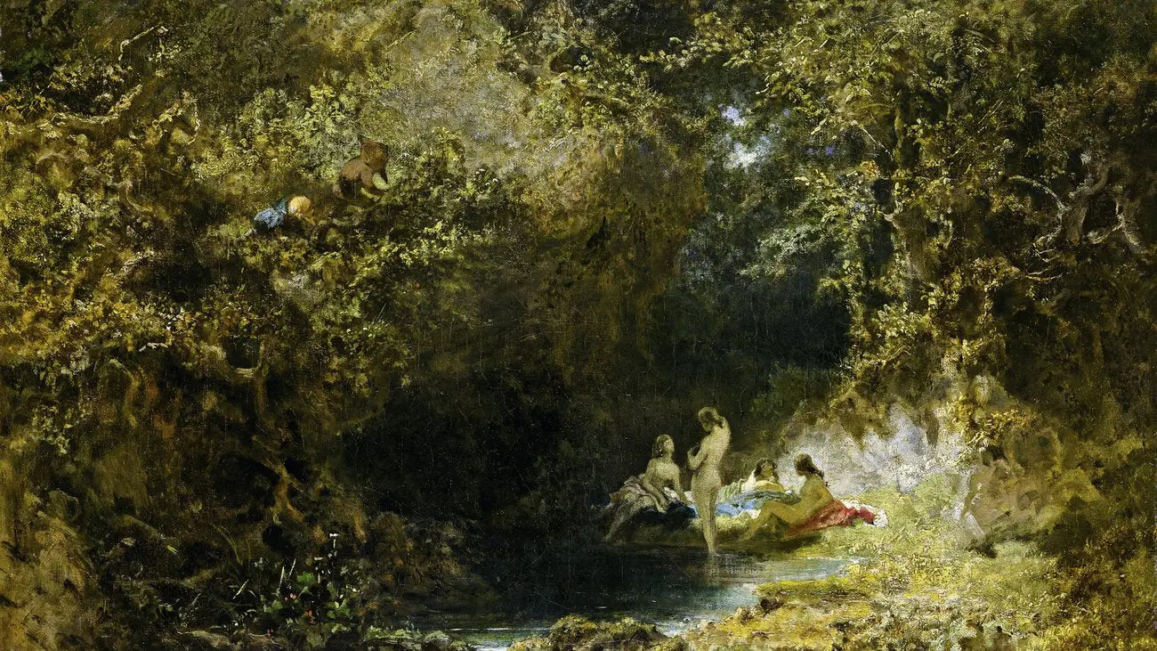 {{ product_title }} Fine Art Print | {{ product_vendor }} Jakero77 Carl Spitzweg - Bathing Nymphs (1873) Nude Women Forest - 17"x22" Fine Art Print Art Print  Jakero77