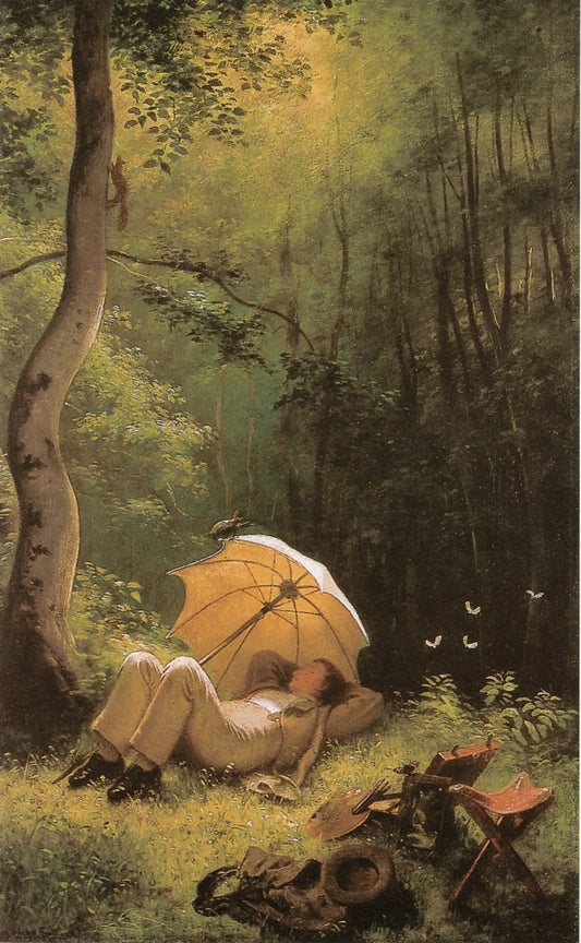 {{ product_title }} Fine Art Print | {{ product_vendor }} Jakero77 Carl Spitzweg - Painter in a Forest Clearing Lying Under Umbrella (1850) - 17"x22" Fine Art Print Art Print  Jakero77