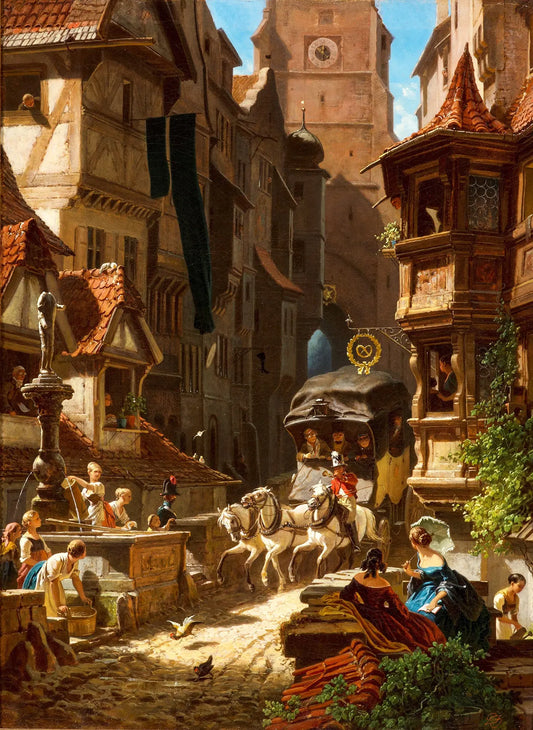 {{ product_title }} Fine Art Print | {{ product_vendor }} Jakero77 Carl Spitzweg - The Arrival of the Stagecoach (1859) - 17" x 22" Fine Art Print Art Print  Jakero77