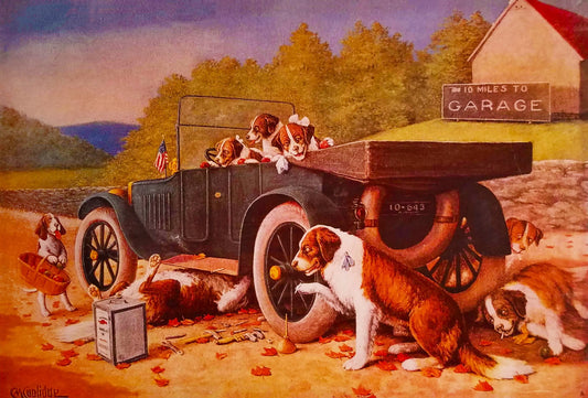 {{ product_title }} Fine Art Print | {{ product_vendor }} Jakero77 Cassius Coolidge - Ten Miles to a Garage, Dogs Car Trouble Travel (1903) - 17"x22" Print Art Print  Jakero77