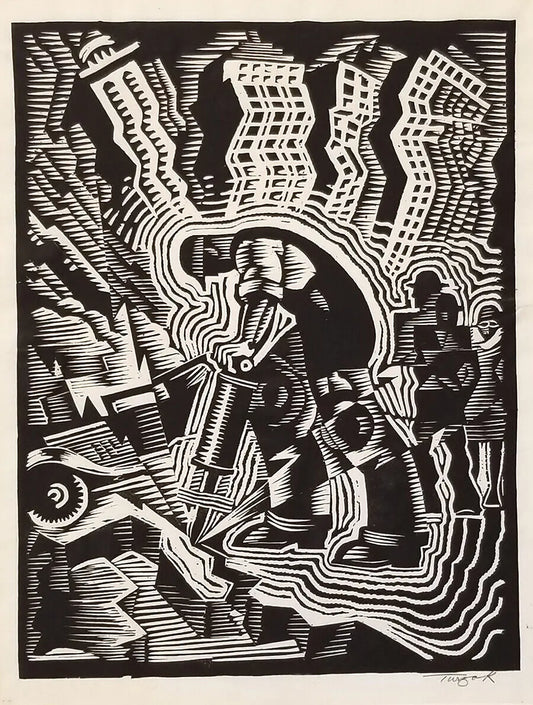 {{ product_title }} Fine Art Print | {{ product_vendor }} Jakero77 Charles Turzak - Man with a Drill Construction 1930s Signed - 17"x22" Art Print Art Print  Jakero77