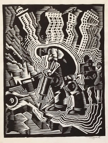 {{ product_title }} Fine Art Print | {{ product_vendor }} Jakero77 Charles Turzak - Man with a Drill Construction 1930s Signed - 17"x22" Art Print Art Print  Jakero77