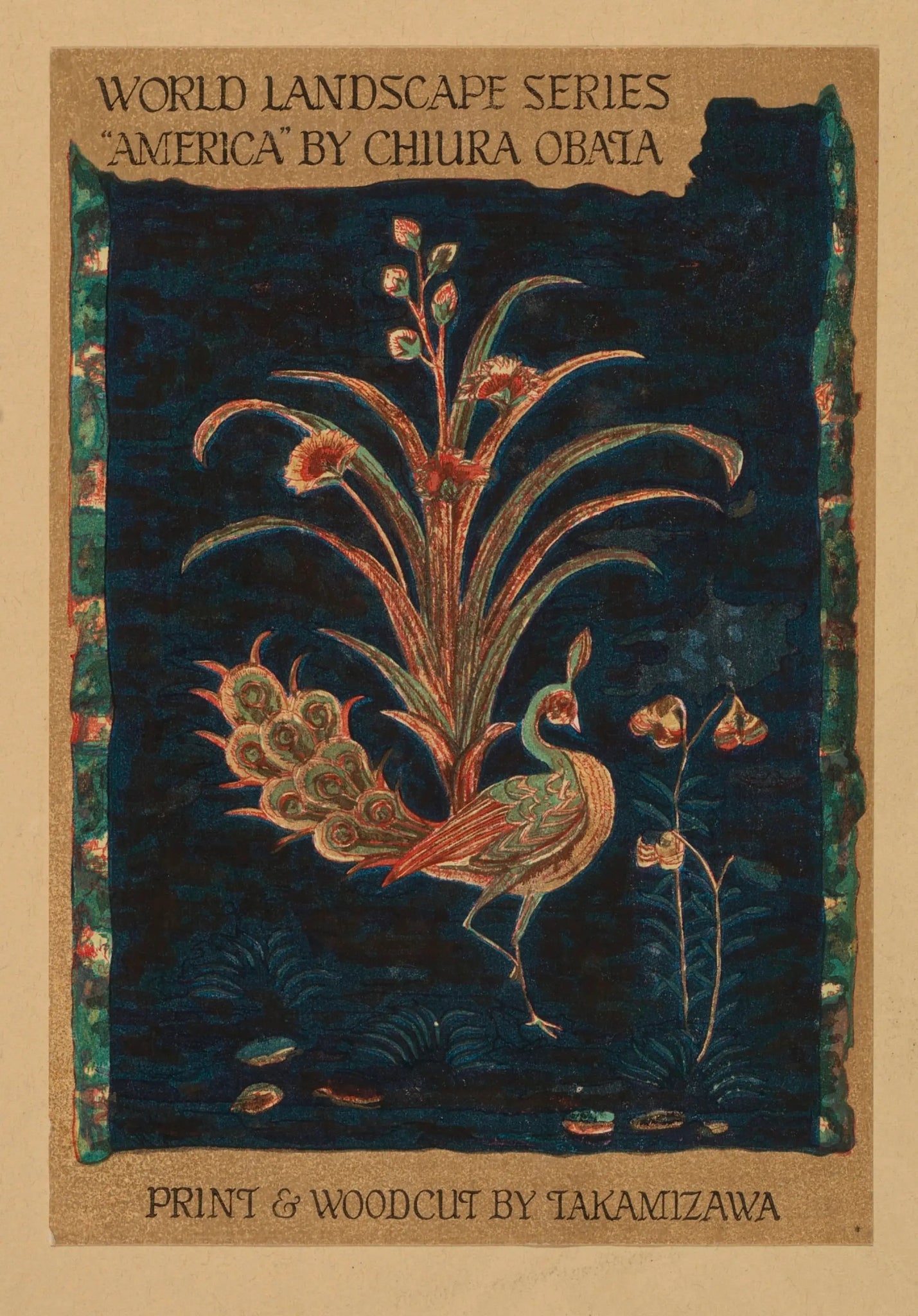 {{ product_title }} Fine Art Print | {{ product_vendor }} Jakero77 Chiura Obata - America Landscape Print Sleeve Peacock (1930) - 17"x22" Art Print Art Print  Jakero77
