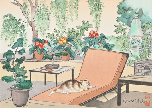 {{ product_title }} Fine Art Print | {{ product_vendor }} Jakero77 Chiura Obata - Daikan Kitty on Lounge Chair in Garden (1950s) - 17"x22" Art Print Art Print  Jakero77