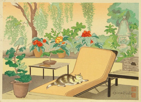 {{ product_title }} Fine Art Print | {{ product_vendor }} Jakero77 Chiura Obata - Daikan Lazy Cat on Garden Chair (1950s) - 17"x22" Fine Art Print Art Print  Jakero77