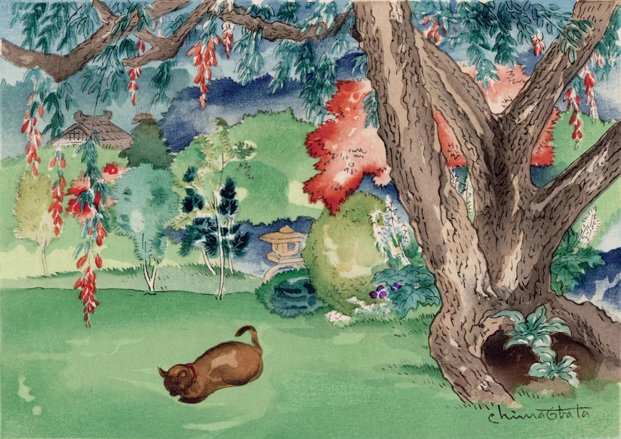 {{ product_title }} Fine Art Print | {{ product_vendor }} Jakero77 Chiura Obata - Kitty Dozes in Japanese Garden (1950s) - 17" x 22" Fine Art Print Art Print  Jakero77