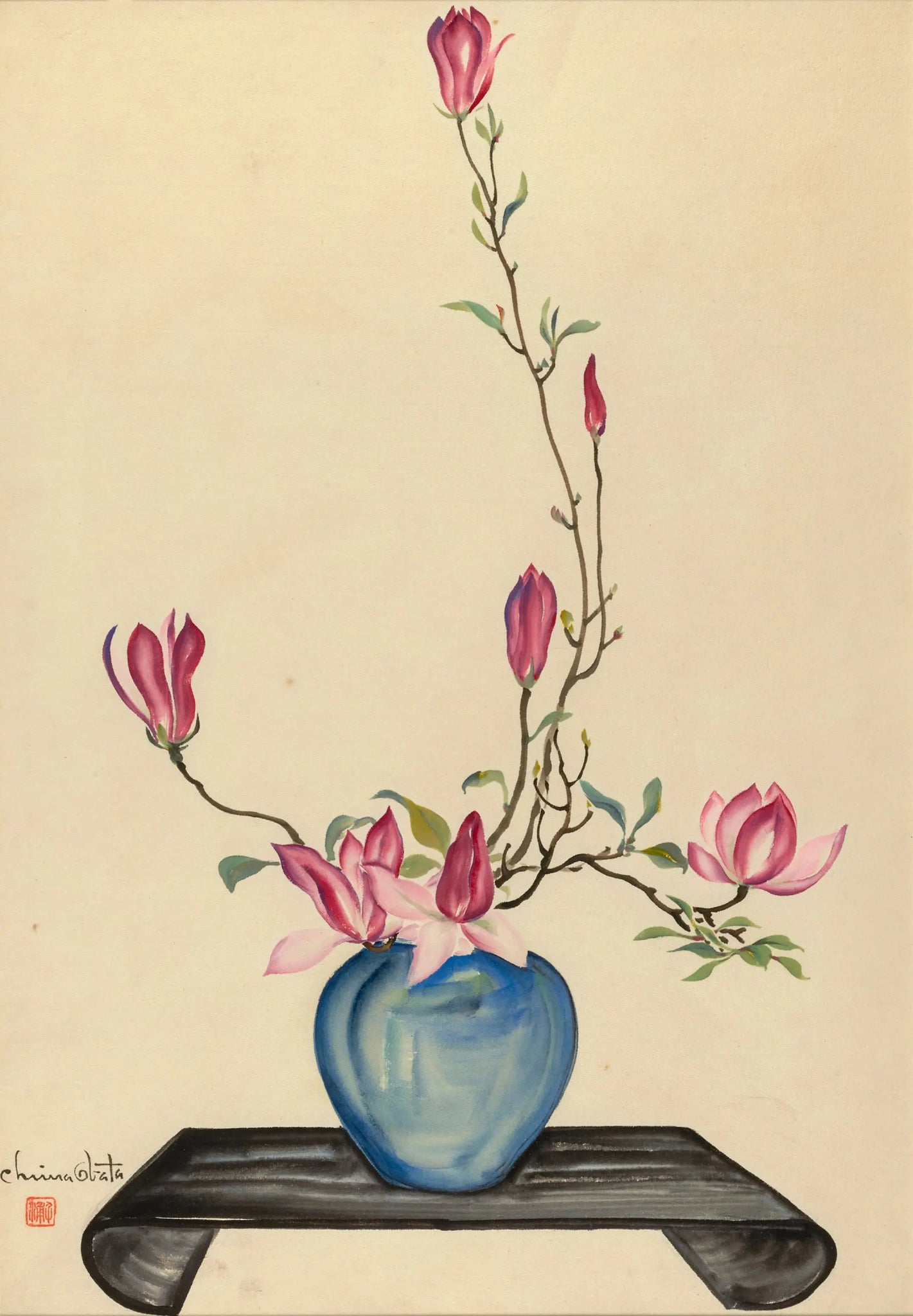 {{ product_title }} Fine Art Print | {{ product_vendor }} Jakero77 Chiura Obata - Magnolia in a Blue Round Vase (1930s) Flowers - 17"x22" Art Print Art Print  Jakero77