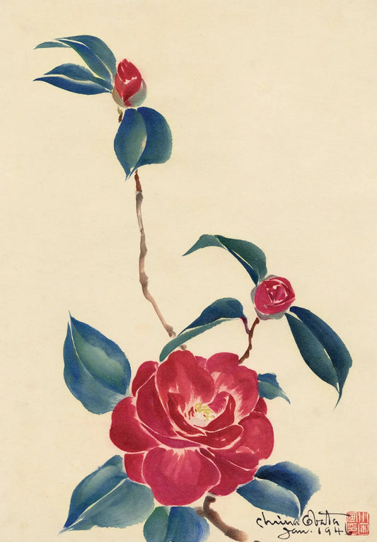 {{ product_title }} Fine Art Print | {{ product_vendor }} Jakero77 Chiura Obata - Red Camellia Branch Flower (1946) - 17" x 22" Fine Art Print Art Print  Jakero77